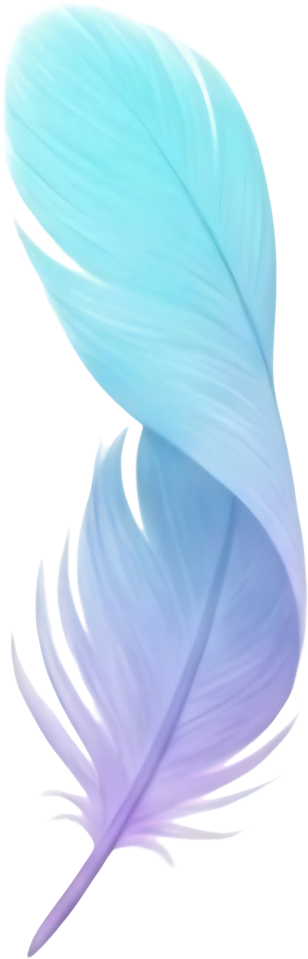 A close-up of two pastel-colored feathers, one blue and one purple, overlapping each other.