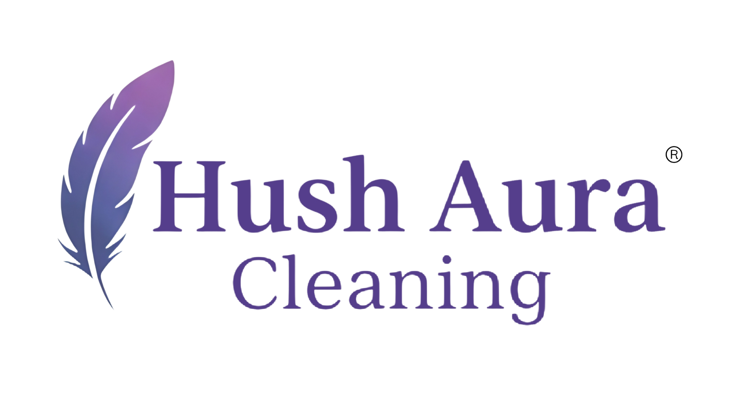 Hush Aura Cleaning logo with purple text and a purple feather on the left.