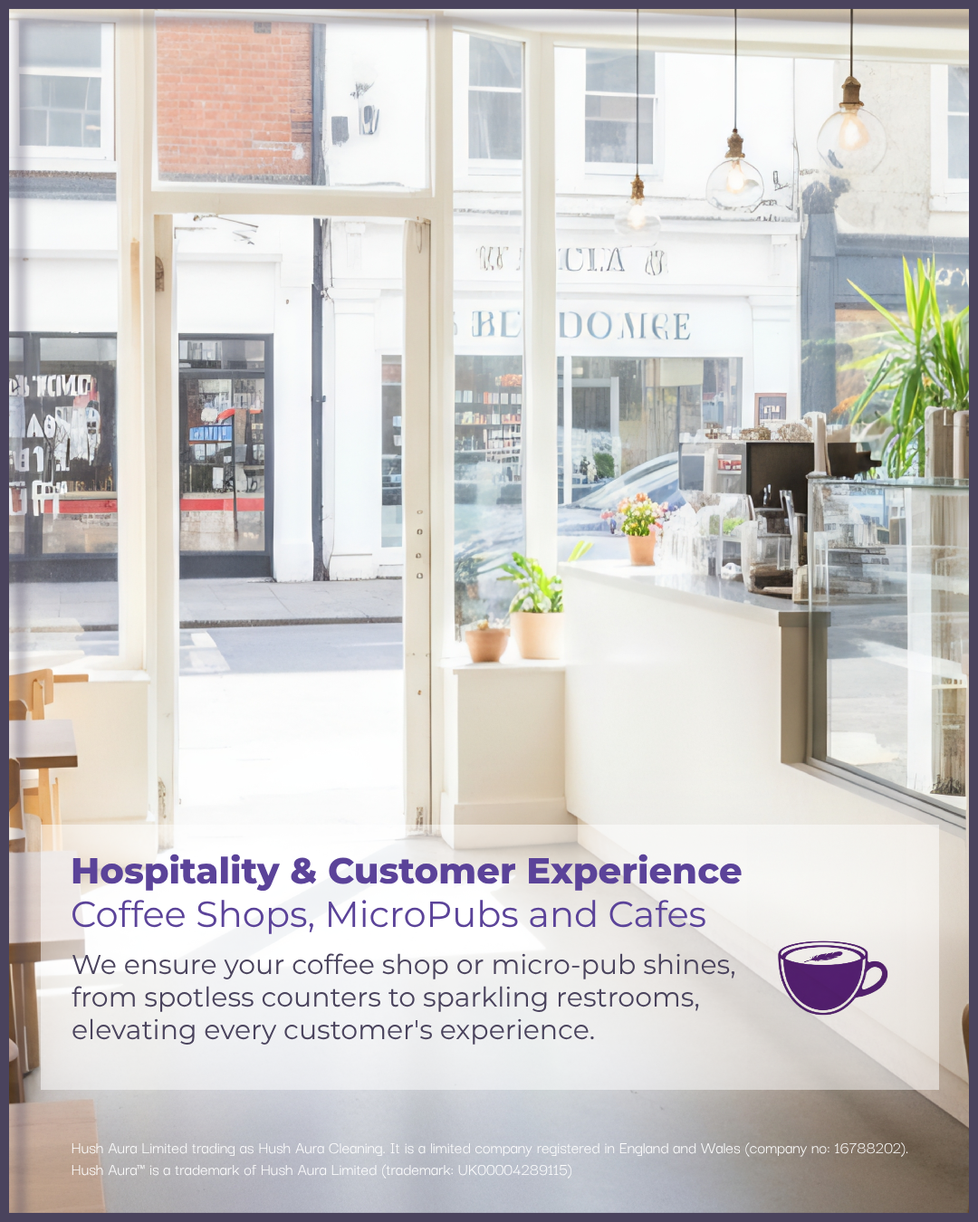 Bright, airy coffee shop with large windows, potted plants, and a counter with coffee-making equipment, promoting hospitality and customer experience in coffee shops, micropubs, and cafes.