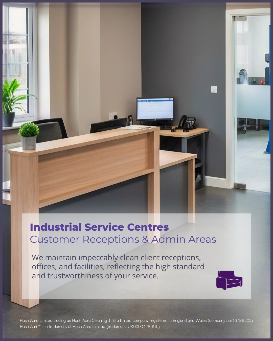 Reception area at an industrial service center with a wooden partition, potted plants, and a computer desk.
