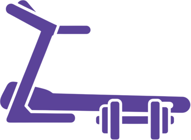 Illustration of a treadmill with a barbell and weights.