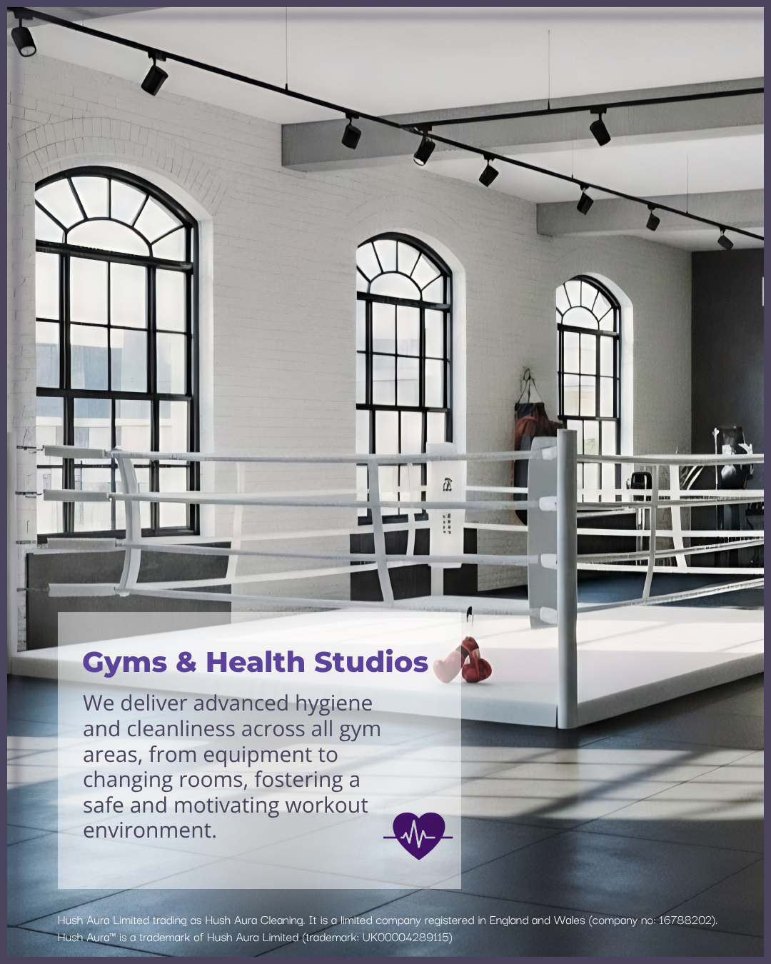 A boxing ring inside a fitness studio with large arched windows and track lighting. The ring's ropes are visible, and a pair of red boxing gloves rests on the floor near the corner. There's a promotional overlay for Gyms & Health Studios offering hygiene and cleanliness services.