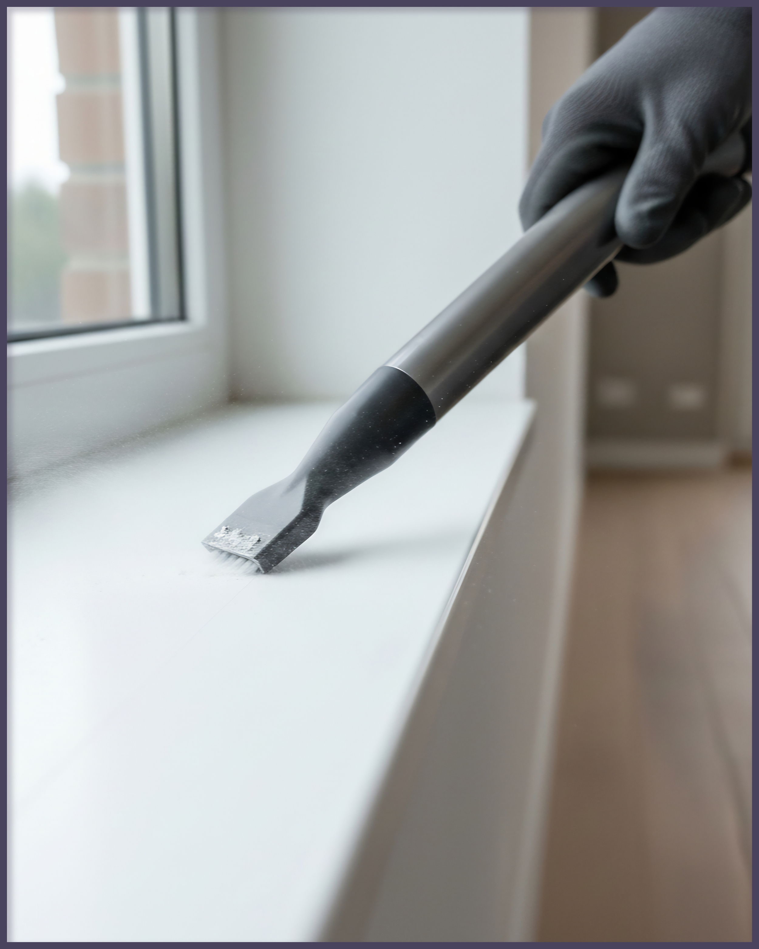 Person wearing a black glove using a scraper to clear or clean a windowsill near a window.