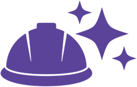 A purple construction helmet with three star-shaped sparkles around it.