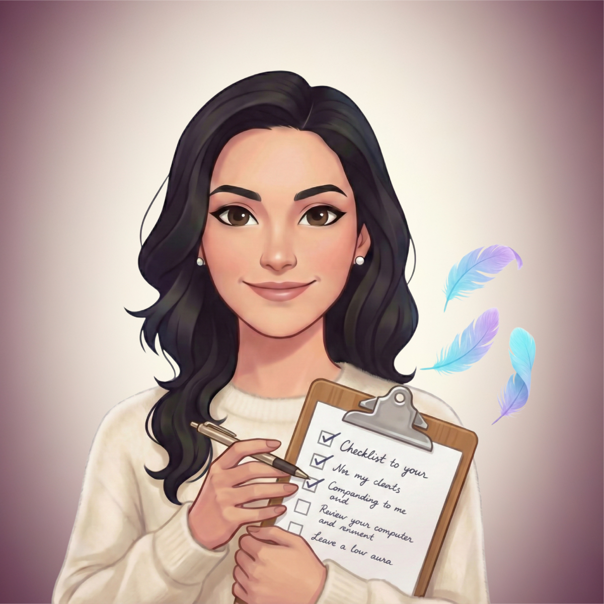 A woman with long dark hair holding a checklist on a clipboard and a pen, with floating blue and purple feathers in the background.