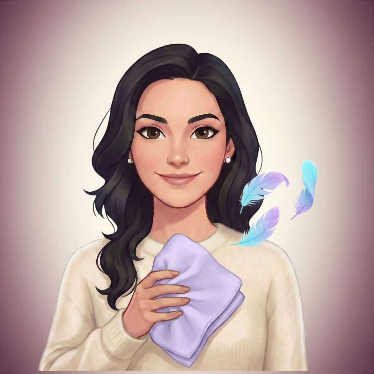 A woman with dark wavy hair, wearing earrings and a cream sweater, holding a light purple cloth with floating blue and purple feathers around her.