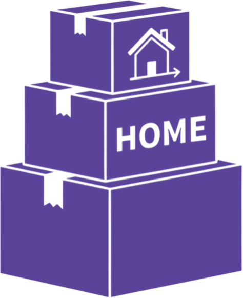 Stack of purple boxes with a house icon and the word "HOME" on the front.