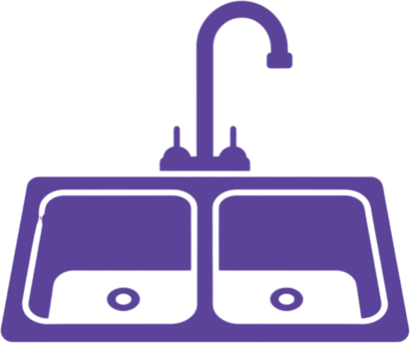 Simplified illustration of a kitchen sink with a faucet and two basins.