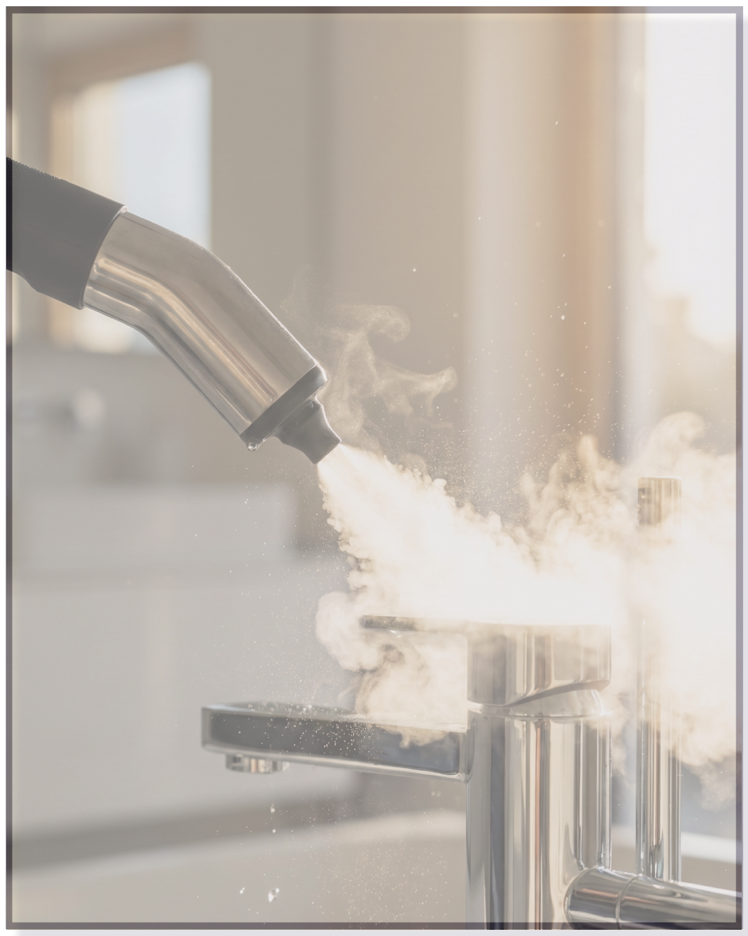 A modern kitchen faucet with water and steam spraying from it.