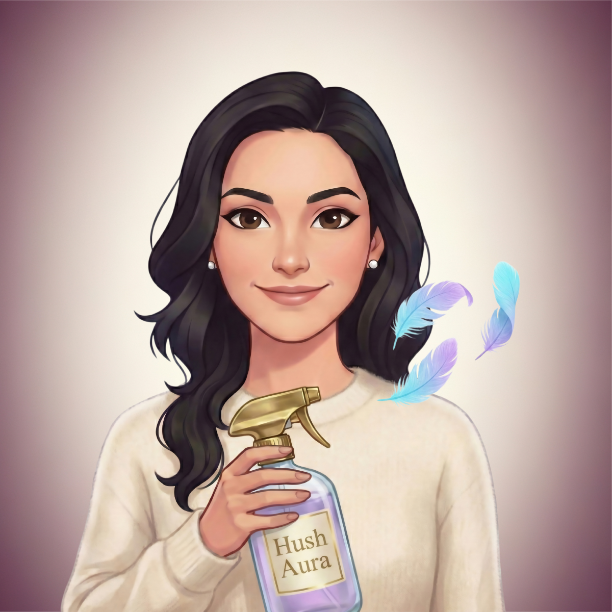 Digital illustration of a woman with long black hair, wearing pearl earrings and a cream sweater, holding a spray bottle labeled 'Hush Aura' with colorful feathers floating around.