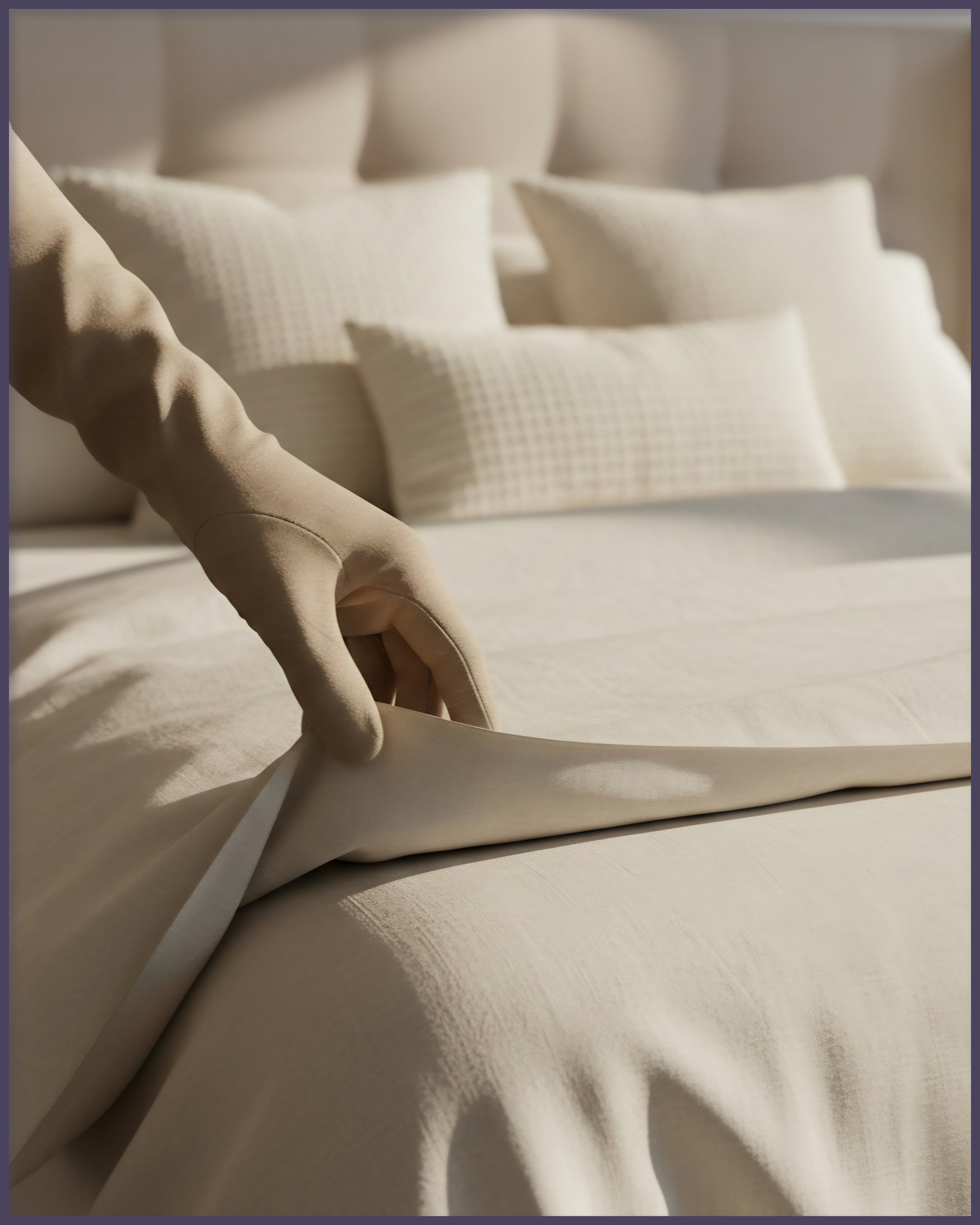 Person removing a bedsheet from a bed with beige pillows in the background.