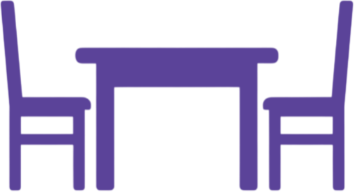 A purple illustration of a dining table with two chairs, one on each side.