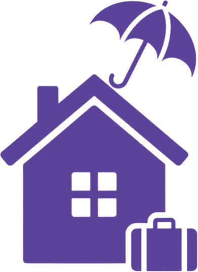 Purple house icon with an umbrella above, a window, and a suitcase at the bottom right.