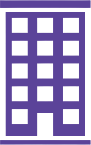 A simple, stylized purple apartment complex icon with a flat roof, multiple windows on the upper floor, and a door below.