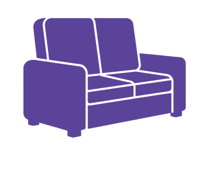 Illustration of a purple two-seater sofa with furniture-style armrests and cushions.