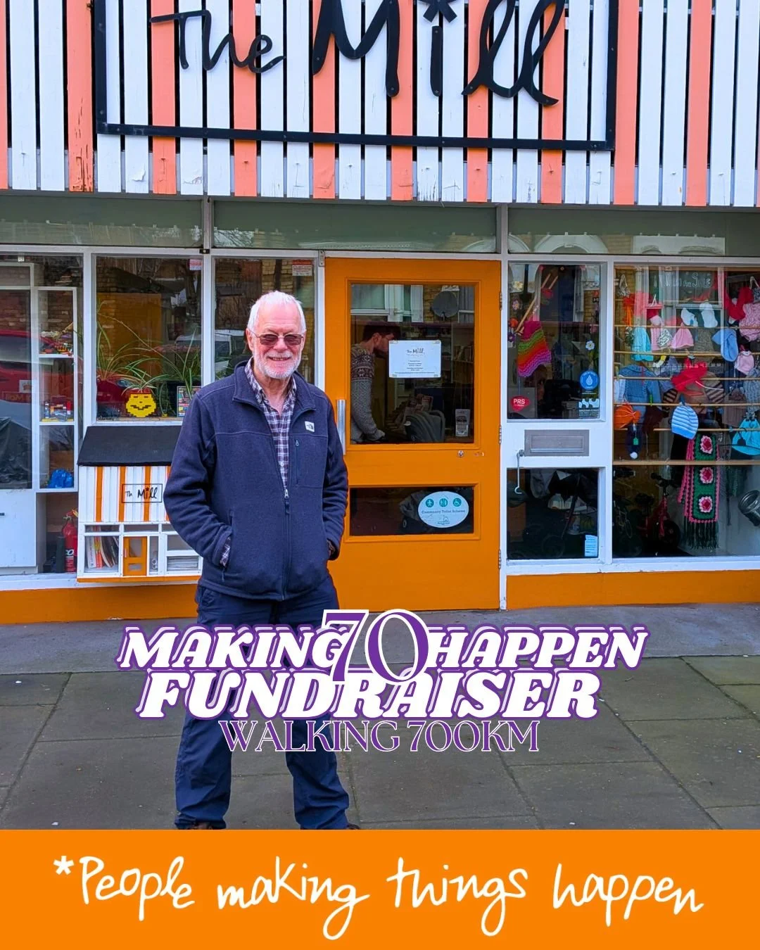 Richard Bennett, a trustee at The Mill community centre charity, will mark his 70th birthday by walking 700km (that's up to 1 million steps!). 

This incredible feat will start and end at The Mill, and through JustGiving donations will raise money fo
