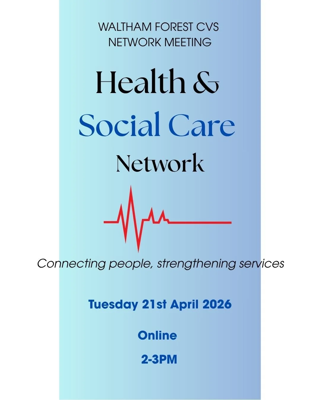 Join us for the next meeting of the Waltham Forest Health and Social Care Network, hosted by Waltham Forest CVS.

The WFCVS Health &amp; Social Care Network is is a space for organisations working across health and social care in Waltham Forest to co