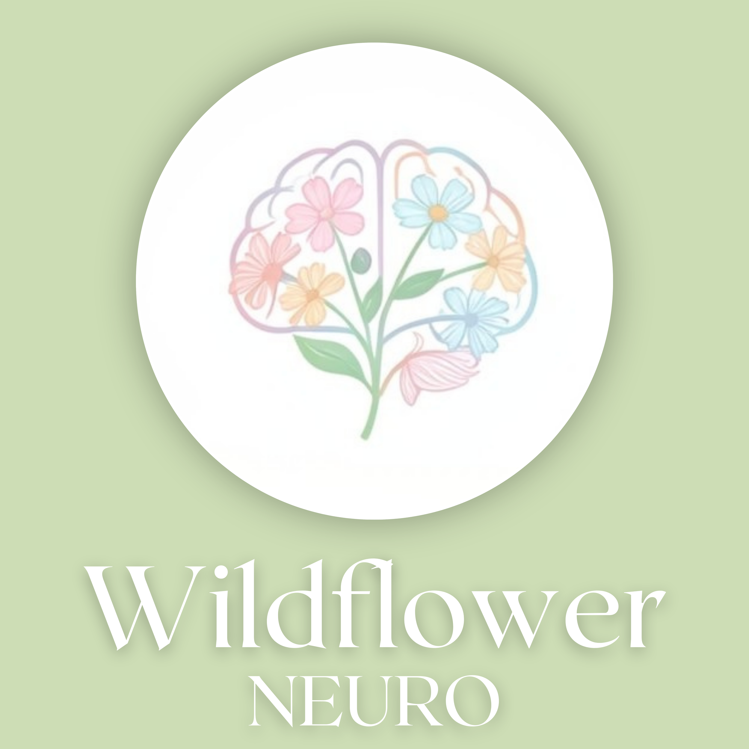 Colourful illustration of flowers forming a brain shape with text 'Wildflower Neuro' in white on a green background. Wildflower Neuro Scarborough North Yorkshire