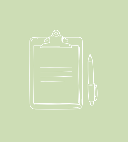 Outline of a clipboard with a sheet of paper and a pen on a light green background. Wildflower Neuro Scarborough North Yorkshire support