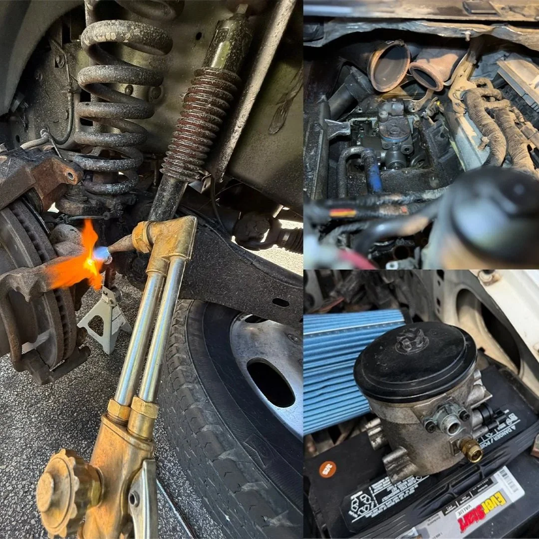 Close-up of hands-on diesel engine repair on a Ford Powerstroke
