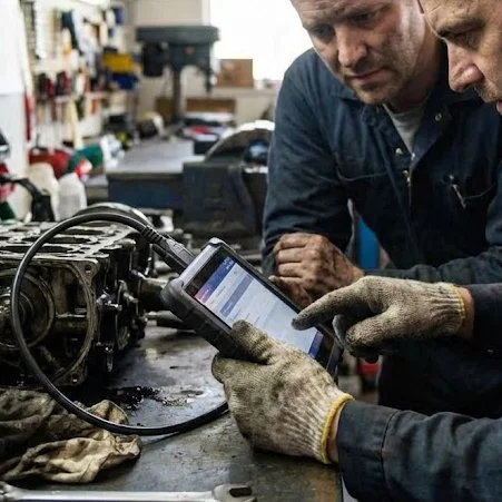 Diesel mechanic using a diagnostic tablet in a Ford Powerstroke engine bay