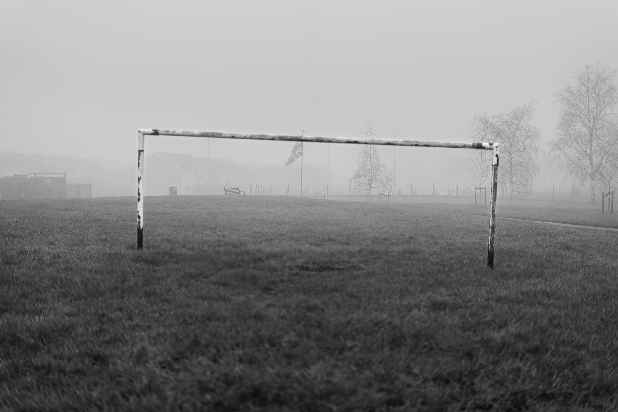 An empty soccer goal on a foggy field with grass, trees, benches, and houses in the background.