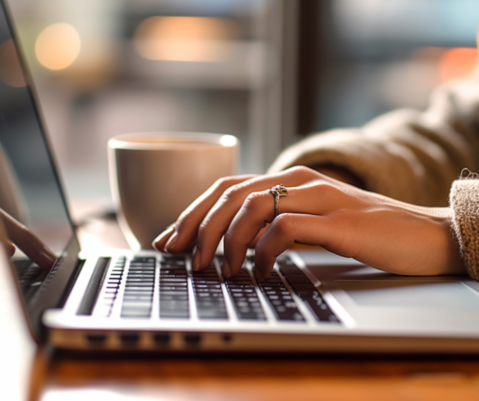 Une main de femme tapant sur un clavier d'ordinateur portable avec une tasse de café en arrière-plan, dans un environnement intérieur lumineux.