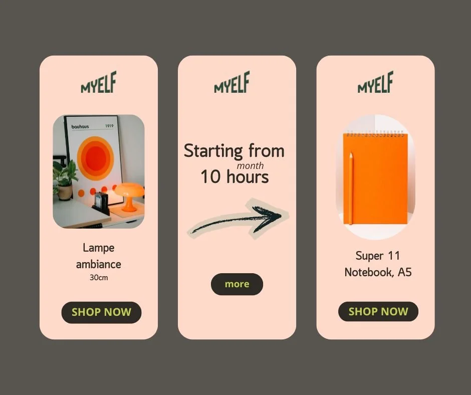 (c) myelf.pro mockup Publicité présentant une lampe d'ambiance de 30 cm, une note de 10 heures, et un carnet A5 Super 11 de couleur orange, avec des boutons 'Shop Now'.