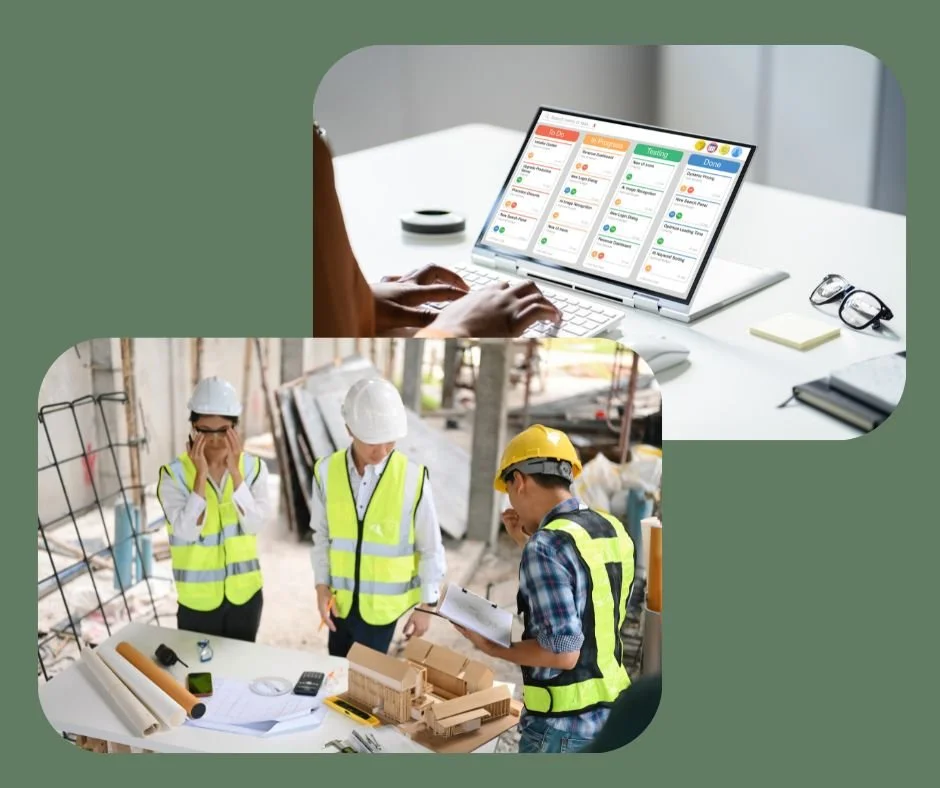 Une personne qui travaille sur un ordinateur avec un logiciel de gestion de projet, et trois professionnels du bâtiment sur un site de construction, portant des gilets de sécurité et des casques, examinant des plans et des documents.