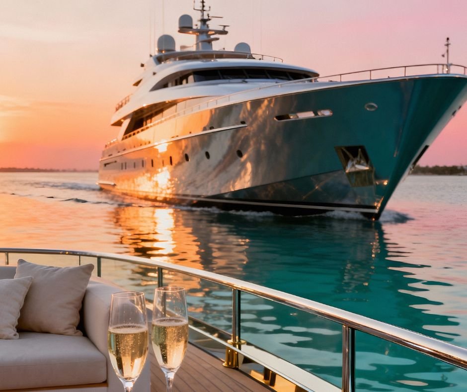 Un grand yacht navigue au coucher du soleil, vu depuis un bateau avec des verres de champagne et un canapé en avant-plan.