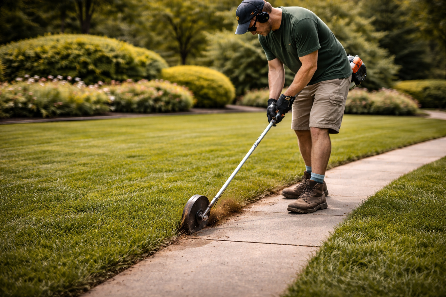 A man trimming grass along a sidewalk with a grass trimmer, wearing work boots, shorts, a green t-shirt, sunglasses, a baseball cap, and ear protection, in a landscaped yard.