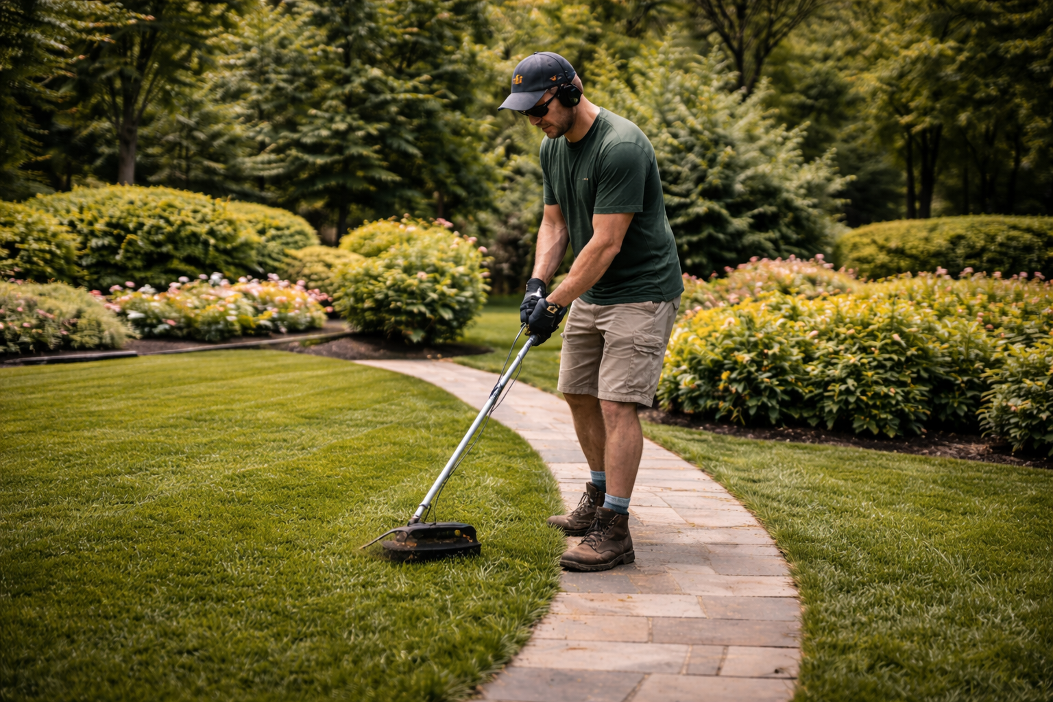 A man in a green t-shirt, beige shorts, and a baseball cap mows a manicured lawn with a string trimmer in a garden with lush green plants and a stone pathway.