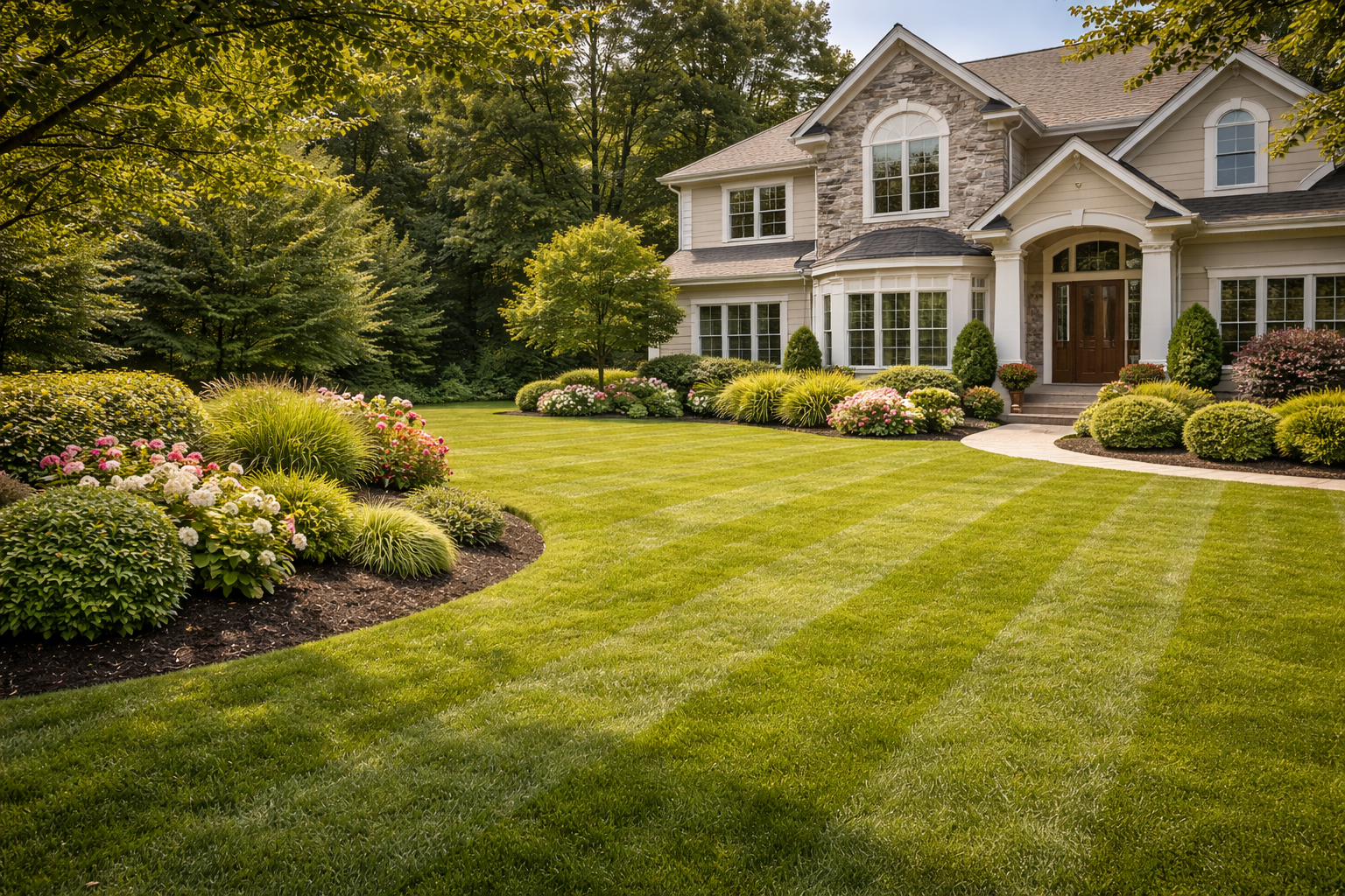 A well-maintained front yard in front of a house with a stone and siding facade, manicured lawn, and colorful flower beds.