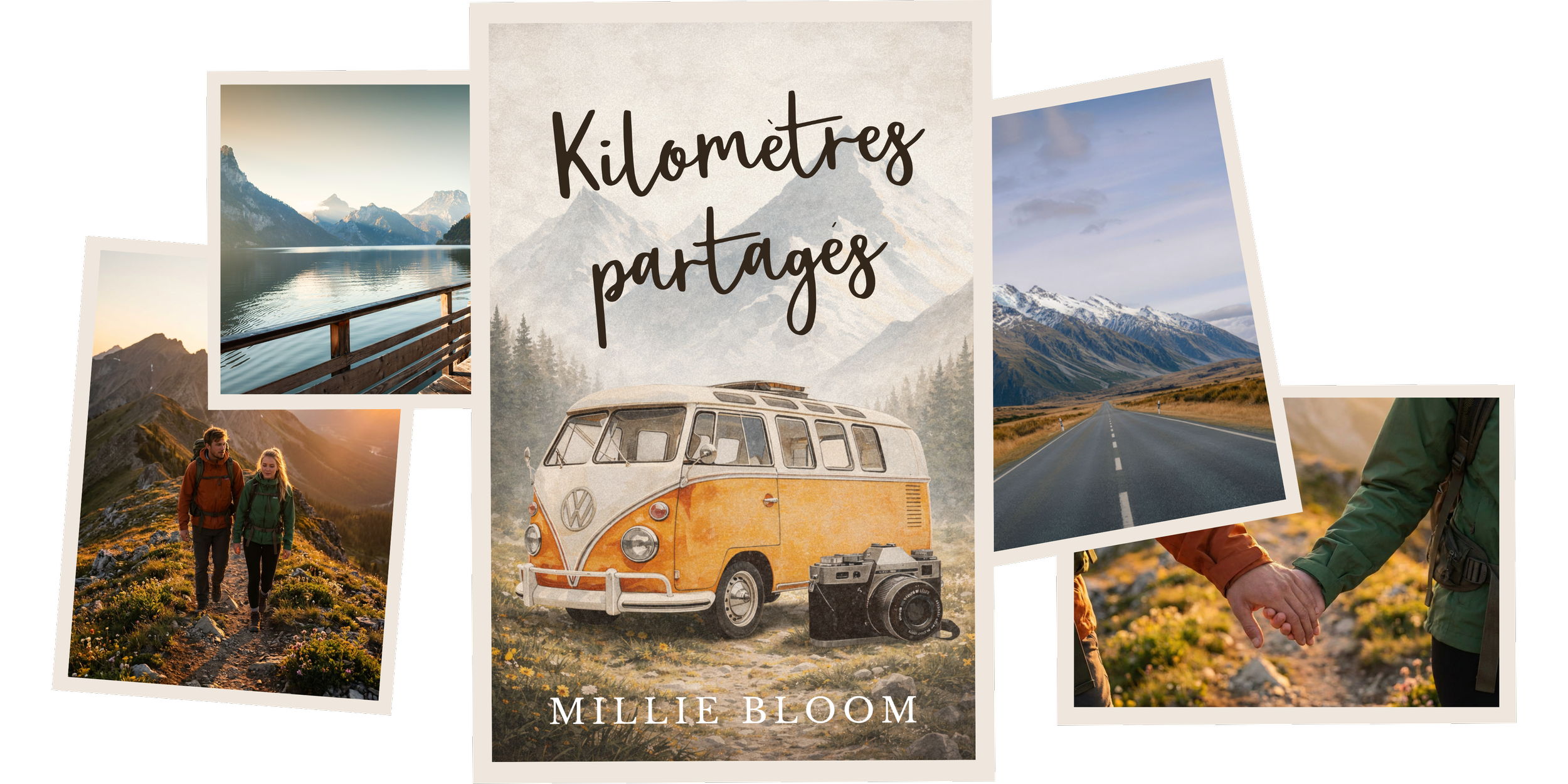 Couverture du livre 'Kilomètres partagés' de Millie Bloom, montrant un van VW orange et blanc au centre, entouré de photos de montagnes, routes et personnes qui se tiennent la main en randonnée dans un paysage naturel.