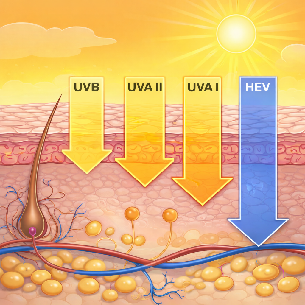 Diagram showing UV and HEV rays from the sun penetrating the skin with arrows labeled UVB, UVA II, UVA I, and HEV pointing downward.