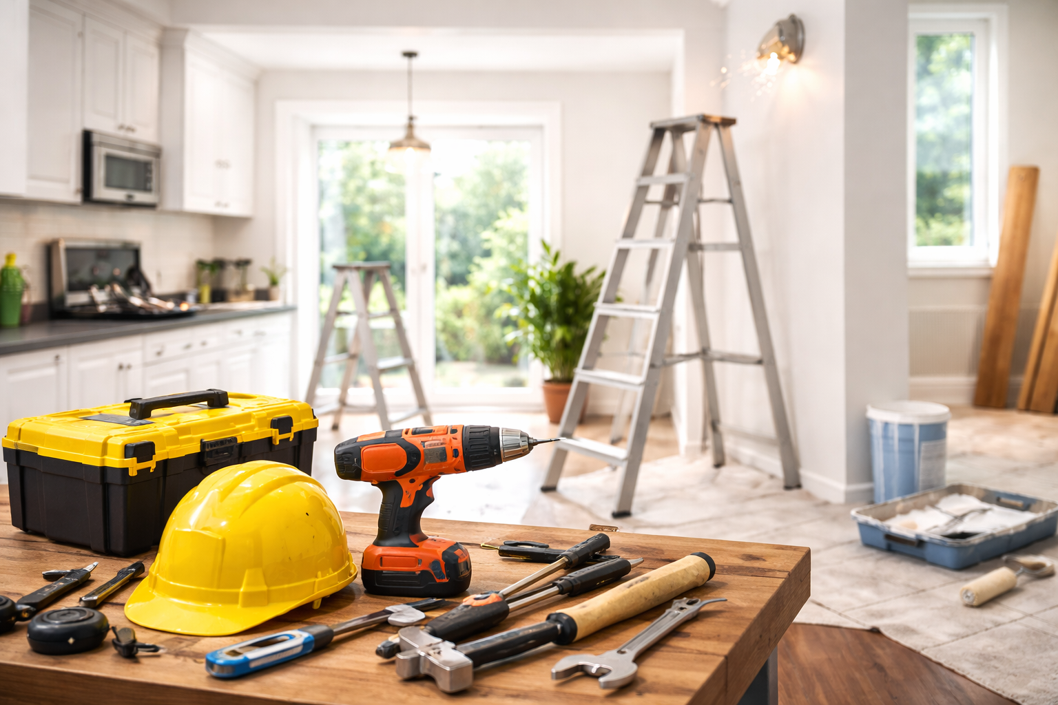 Interior of a house under renovation with tools and safety equipment on a wooden table, including a yellow hard hat, a cordless drill, a toolbox, and various hand tools, in a kitchen with ladders, paint supplies, and a large window showing a backyard.