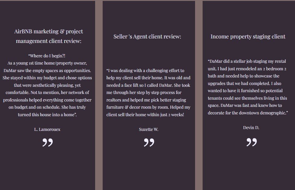 Three columns of client reviews about real estate services. The first column features a review from L. Lamouroux about Airbnb marketing and project management, the second from Suzette W. about seller agent services, and the third from Devin D. about income property staging.