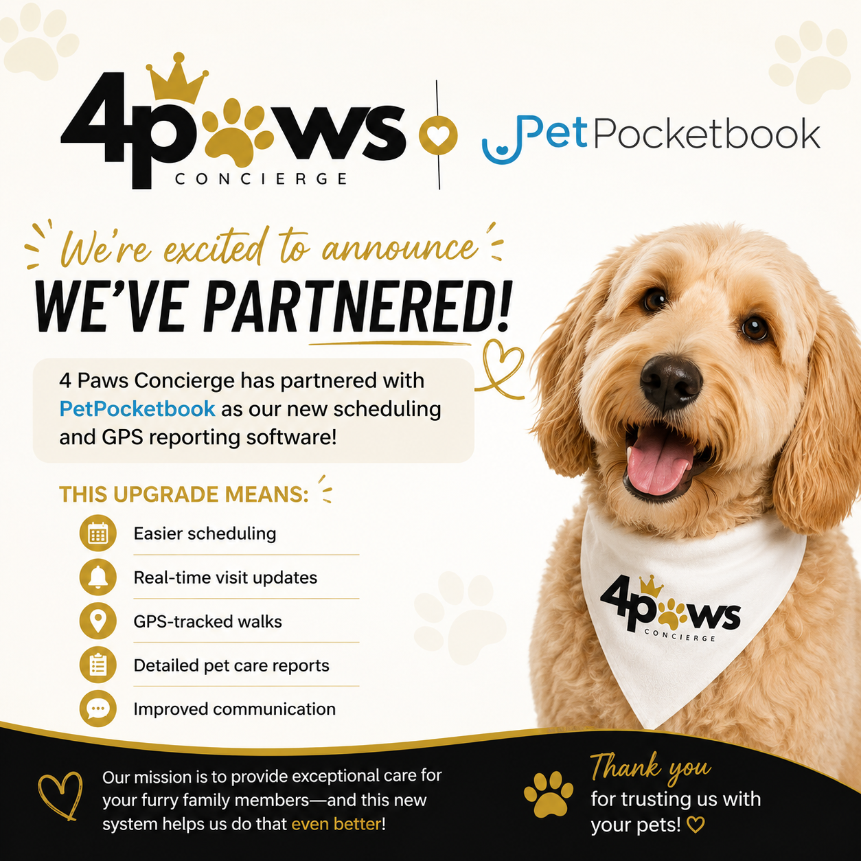 Announcement poster featuring a happy golden doodle wearing a bandana with the 4paws Concieroge and Pet Pocketbook logos, announcing a partnership for enhanced pet care services, highlighting benefits like easier scheduling, real-time updates, GPS walks, detailed reports, and better communication.