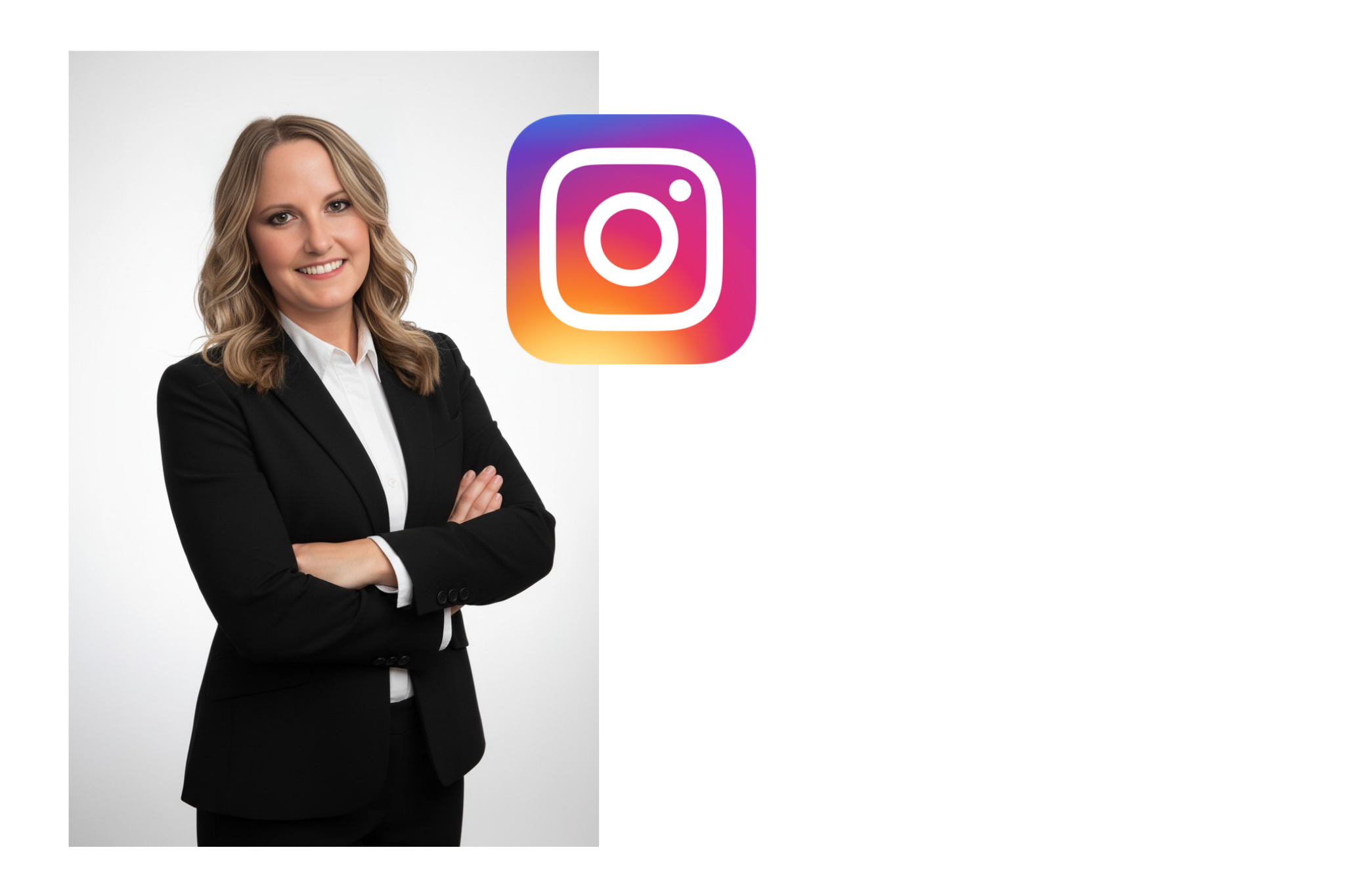 A professional woman with brown hair, wearing a black blazer and white shirt, standing with arms crossed against a plain background, with an overlay of the Instagram logo and some black and gray text.