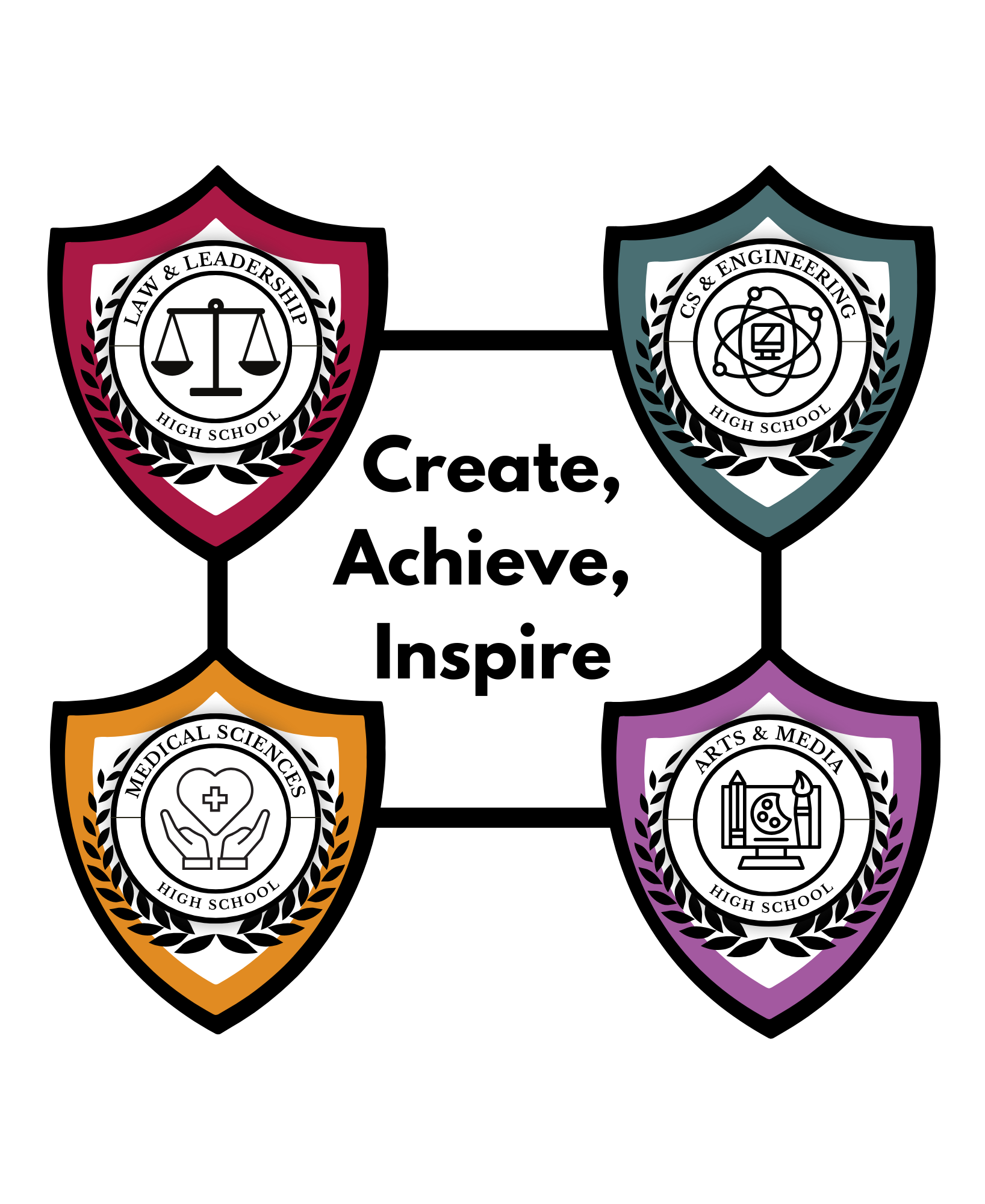 A school emblem with shields representing Law & Leadership, CS & Engineering, Medical Sciences, and Arts & Media, surrounding the words 'Create, Achieve, Inspire'.