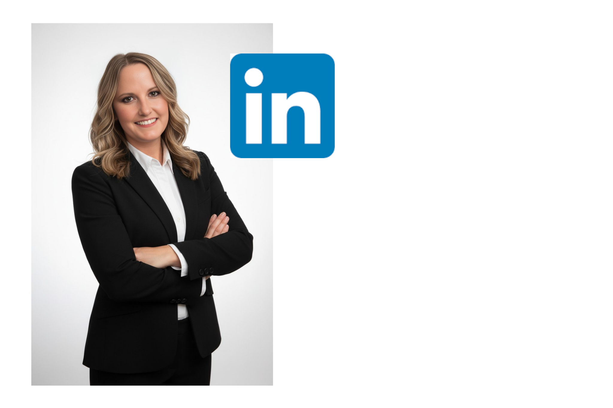Professional woman in black blazer with arms crossed, standing next to a partial LinkedIn logo.