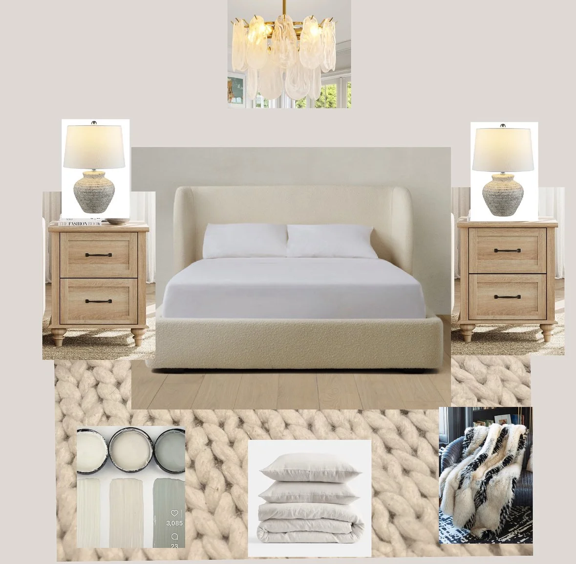 A bedroom with a beige upholstered bed, two wooden nightstands with lamps, a knitted rug, white bedding, and decorative pillows. There is a modern chandelier above and a small window with greenery outside.