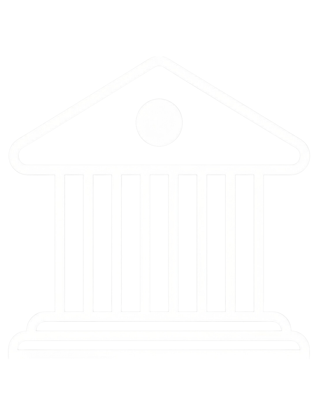 Line drawing of a classical building with columns and a triangular pediment, with a circular element in the center of the pediment.