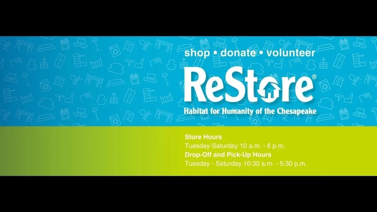Flyer for Habitat for Humanity's ReStore featuring options to shop, donate, and volunteer, with store hours from Tuesday to Saturday, 10 a.m. to 6 p.m., and drop-off and pick-up hours from Tuesday to Saturday, 10:30 a.m. to 5:30 p.m.