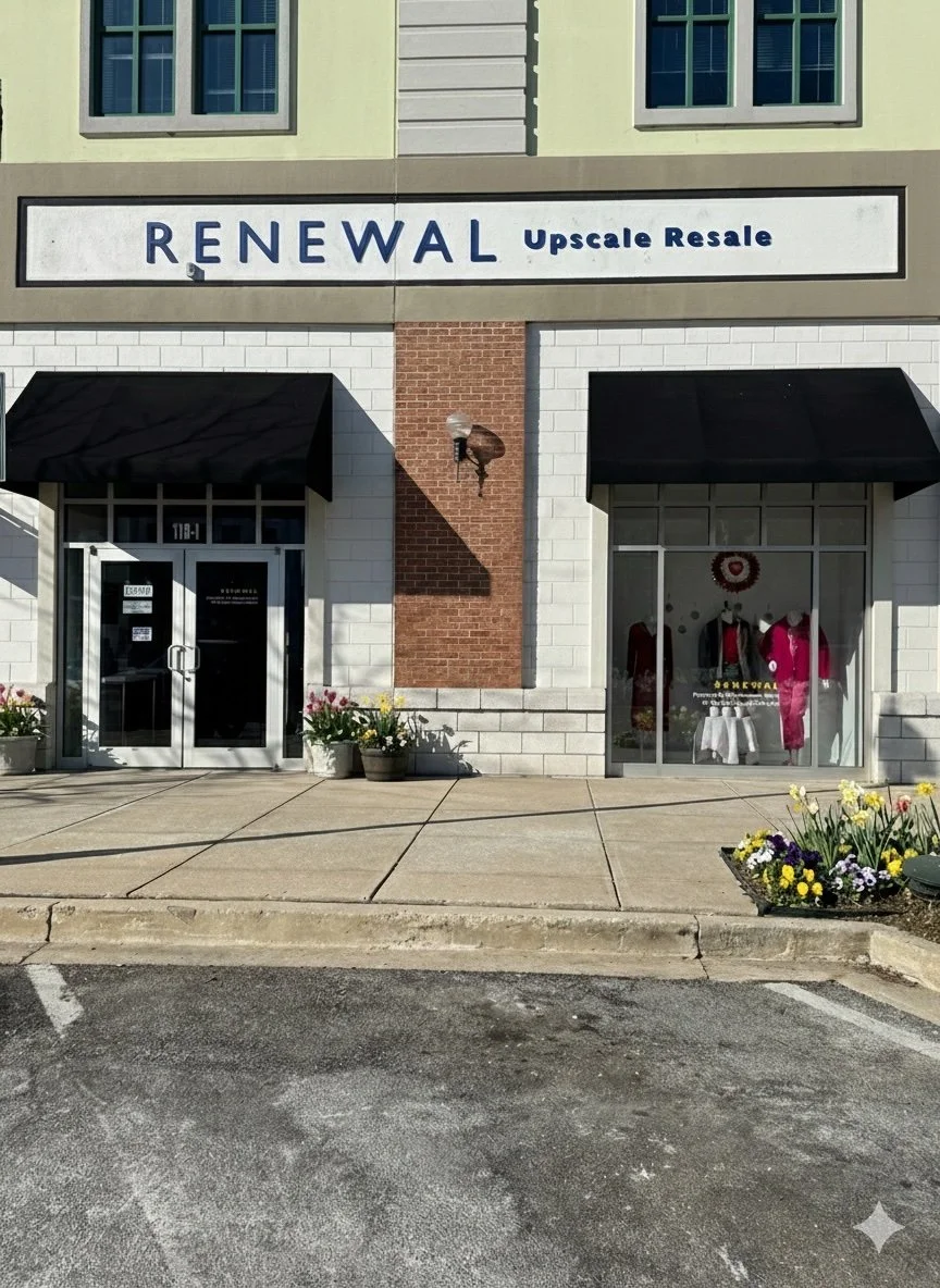 A shopping plaza storefront with a sign reading 'RENEWAL Upscale Resale'. There are two large windows, one with mannequins dressed in pink and red clothing inside. The building features a brick and white facade with black awnings over the windows and a sidewalk with flower pots and flowers in front.