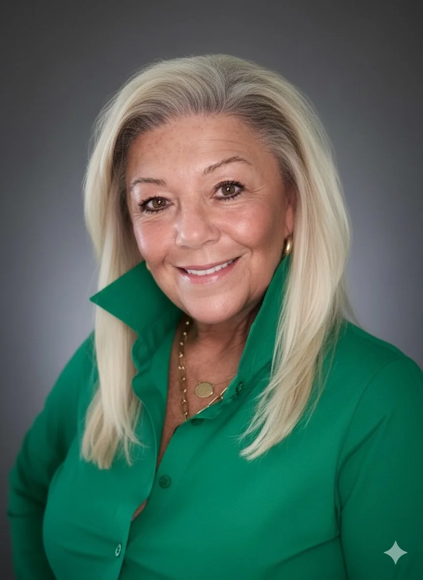 A woman with blonde hair smiling, wearing a green collared shirt, gold hoop earrings, and a gold necklace, against a gray background.