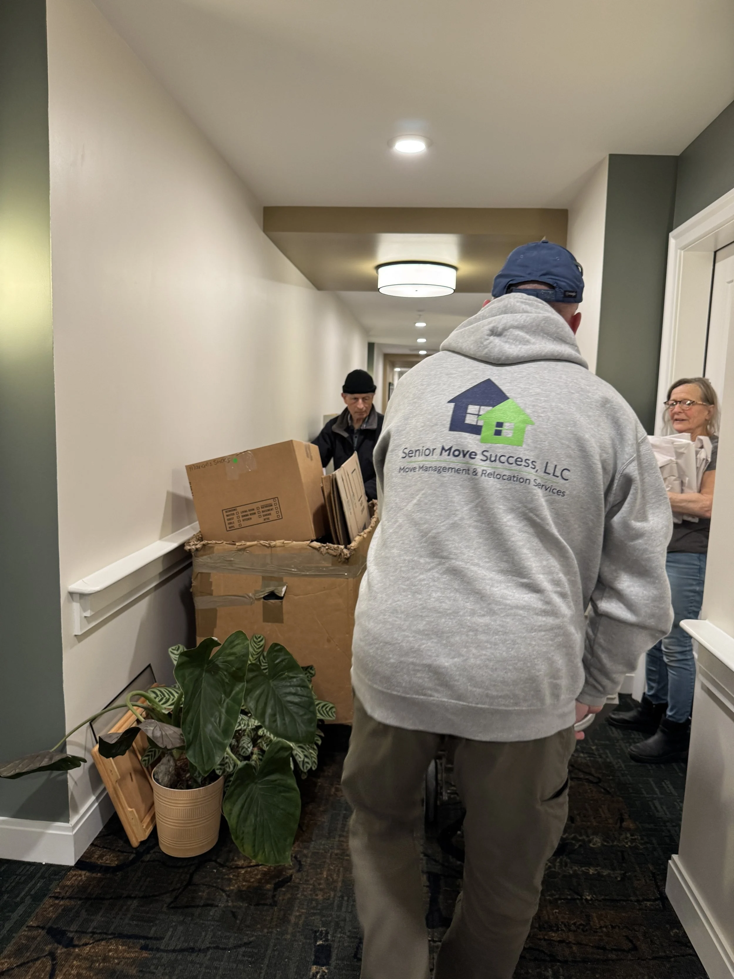 A move team member in a gray hoodie with a green and blue logo and text, moving boxes in a hallway with three people interacting, a plant on the floor, and a box filled with books or files.