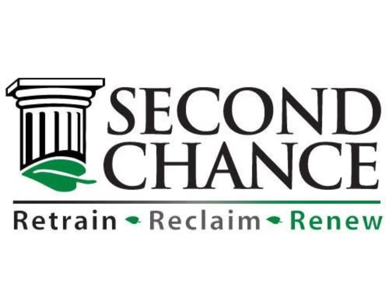 Logo for Second Chance featuring a black Greek column with a green leaf at the base, text reading 'Second Chance,' and the words 'Retrain, Reclaim, Renew' below.
