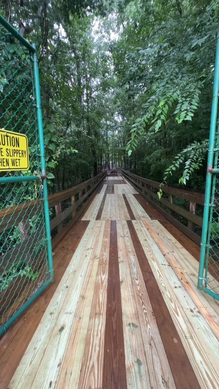A wooden bridge with guardrails surrounded by dense green trees and foliage.
