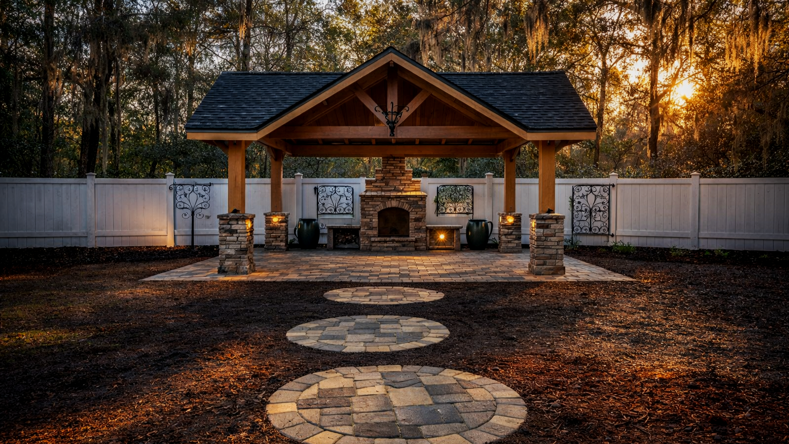 An outdoor pavilion with a brick fireplace, stone pathway, and decorative ironwork, illuminated at sunset in a backyard setting.